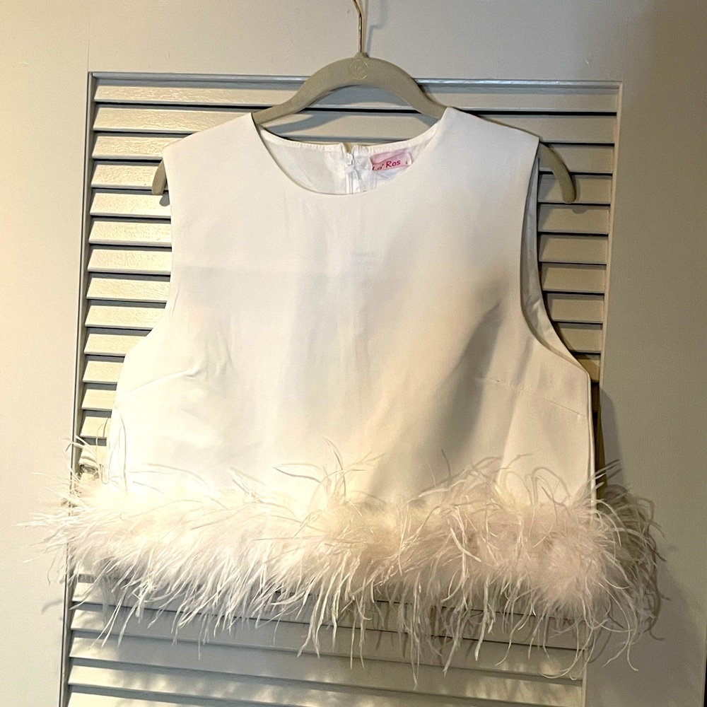 La’ Ros White feathered Crop Top Large